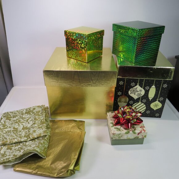 Metallic Gift Box (set of 5) with fancy gold tissue paper Winter Holiday - Picture 1 of 16